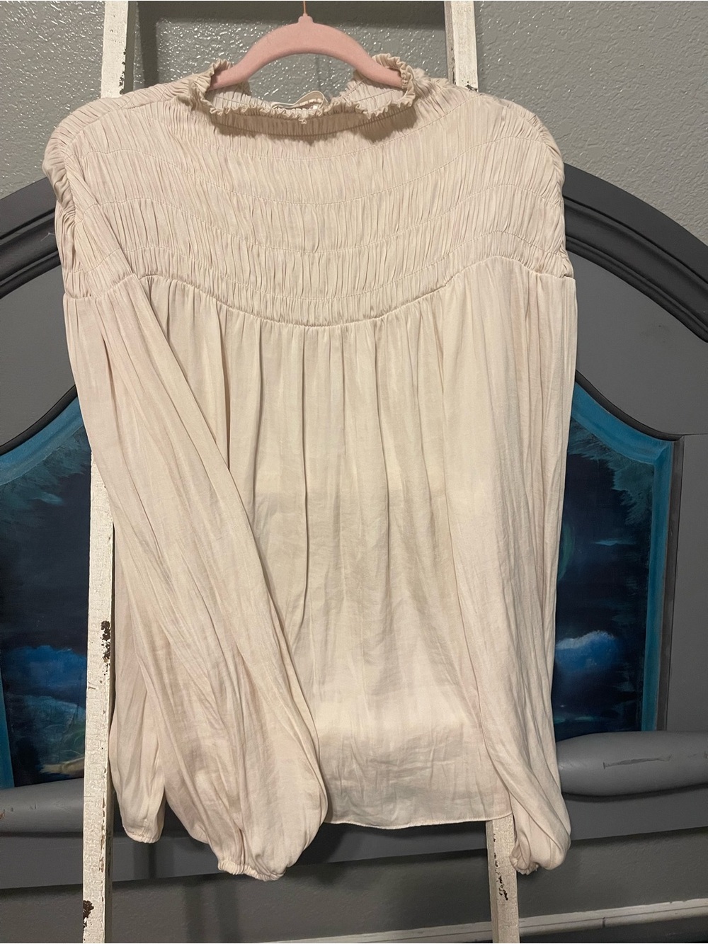 Mustard Seed Cream Smocked Yoke Long-Sleeve Blouse